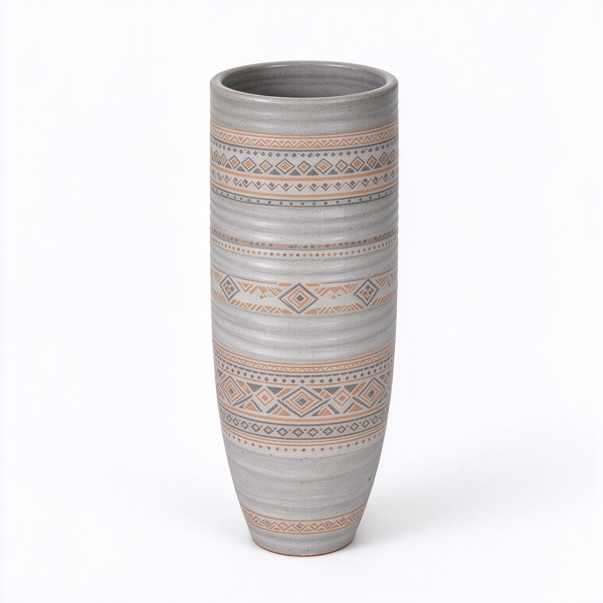 Tall Light Grey Ribbed Tribal Pattern Ceramic Vase