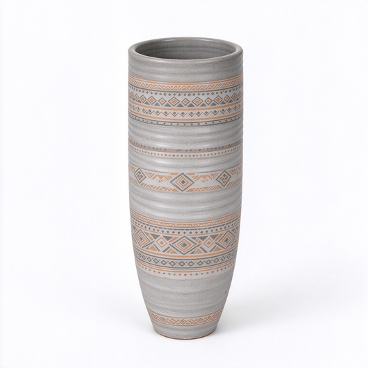 Tall Light Grey Ribbed Tribal Pattern Ceramic Vase