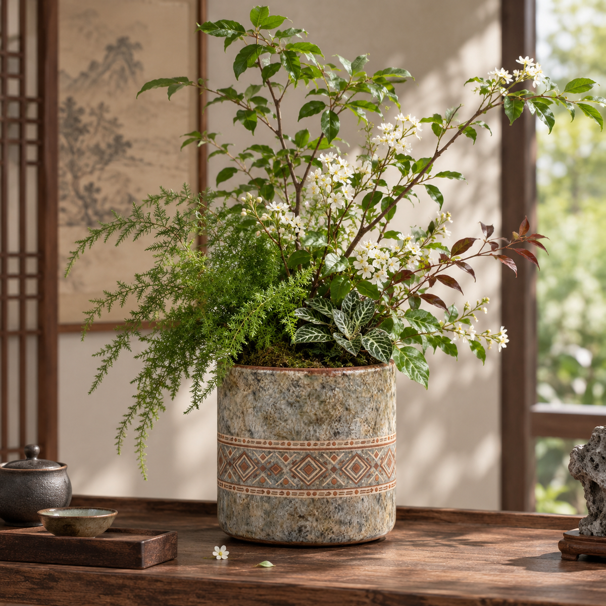 Grey Stone Tribal Geometric Cylindrical Ceramic Vase
