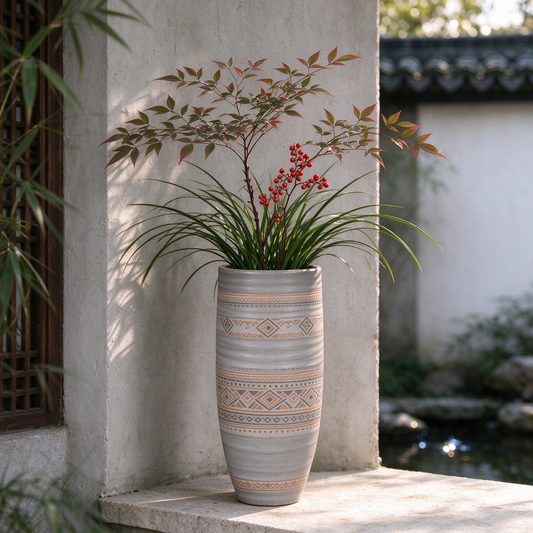 Tall Light Grey Ribbed Tribal Pattern Ceramic Vase