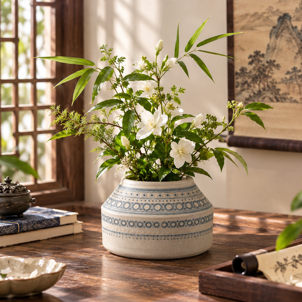 Low Wide Blue Circle Pattern Ceramic Vase