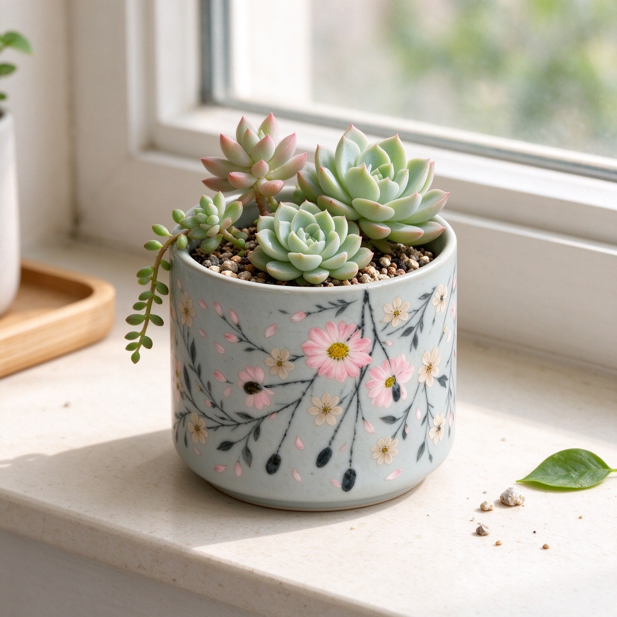 Pale Blue Cherry Blossom Ceramic Vase
