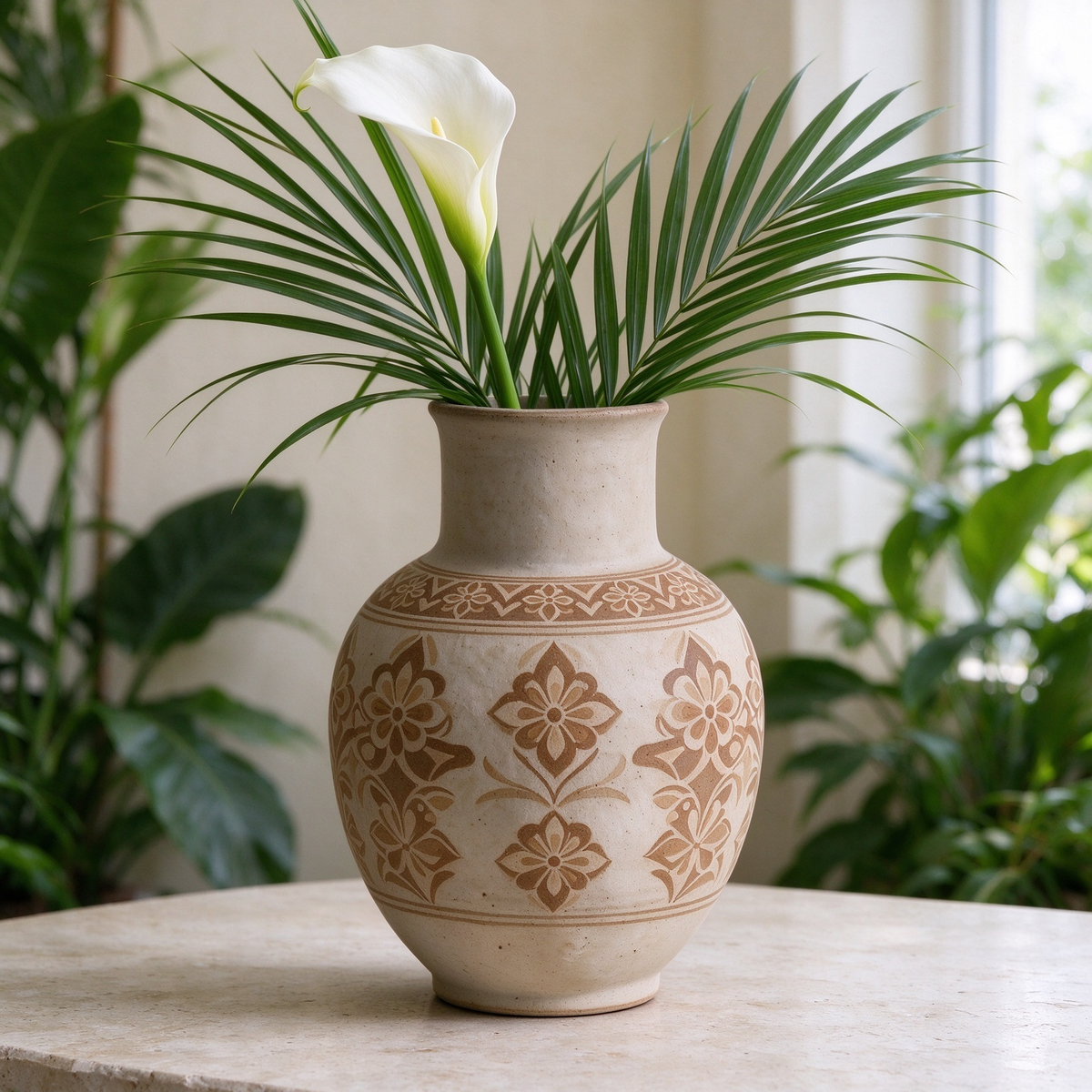 Beige Vintage Floral Ceramic Vase