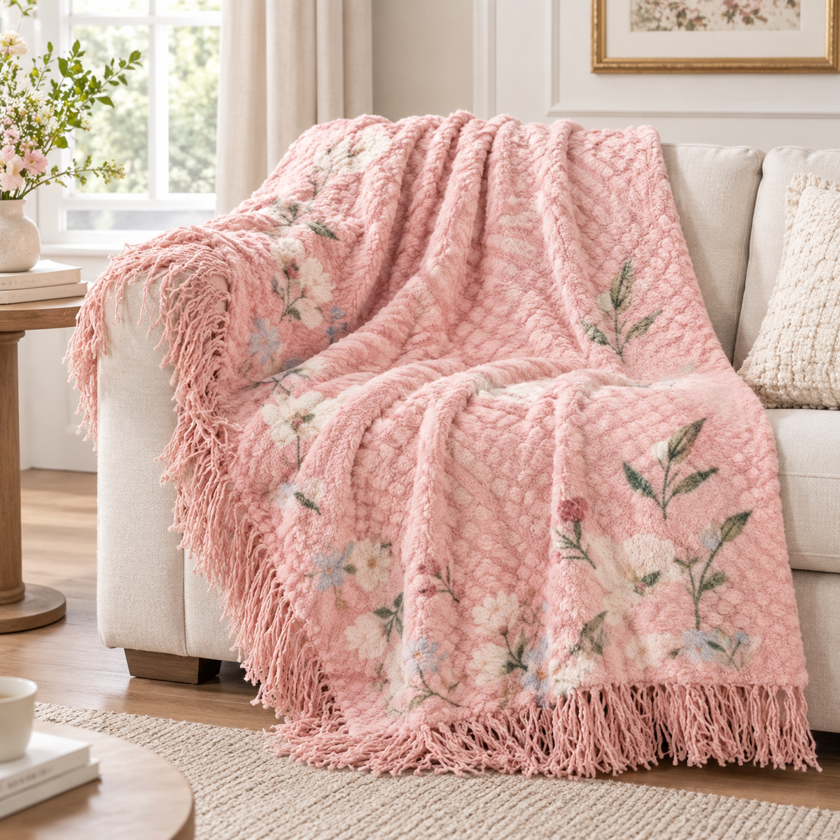Soft Ribbed Pattern Fringed Trim Throw Blanket