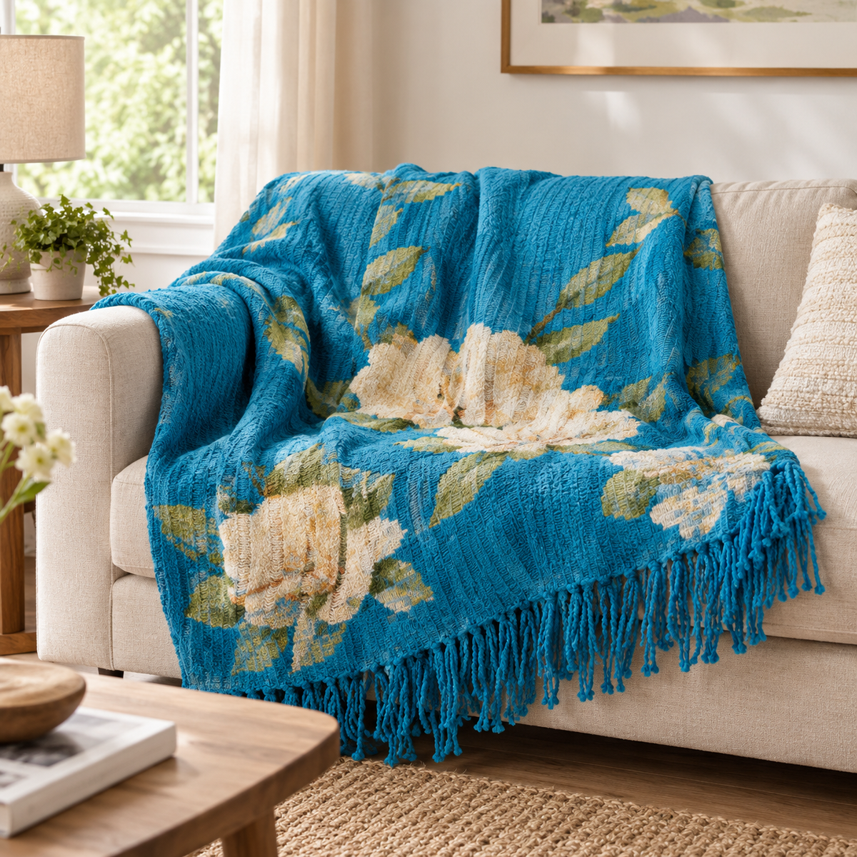 Ribbed Throw Blanket with Fringes