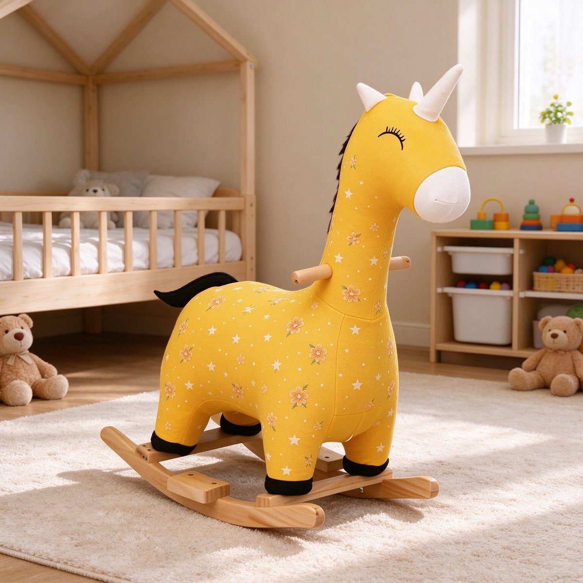 Yellow Floral Unicorn Kids Rocking Horse