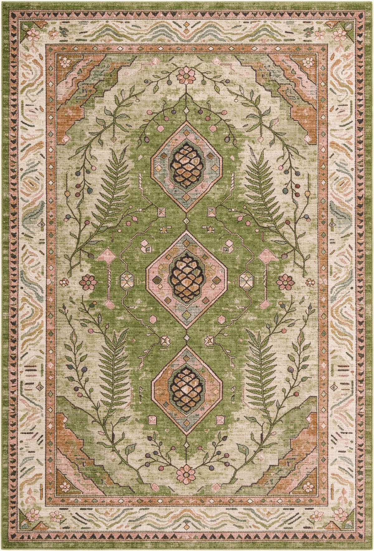 Green Vintage Botanical Area Rug