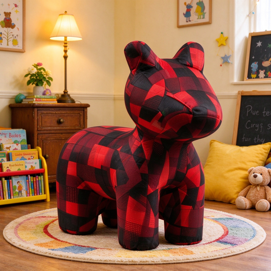 Red Black Plaid Bear Kids Animal Stool